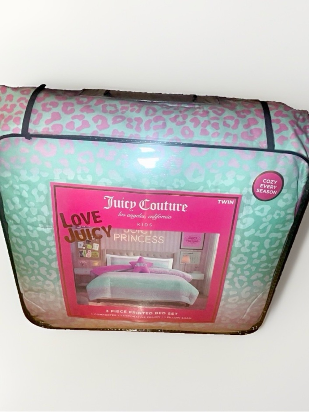 NWT Juicy Couture Kids “Juicy Princess” 3pc Twin Comforter Set-Pink/Aqua Leopard